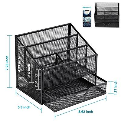 Flexzion Desk Organizer Office Supplies Accessories Desktop Tabletop Sorter Shelf Pencil Holder Caddy Set - Metal Mesh with Drawer and 6 Compartments (