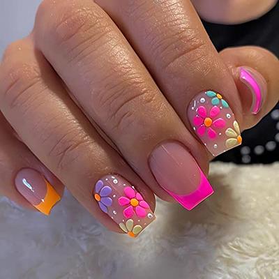 Matte Long Square Fake Nails, Colorful French Tip Press On Nails