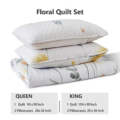 Dinjoy Floral Quilt Set Queen 3 Pieces Blue & Yellow Quilt