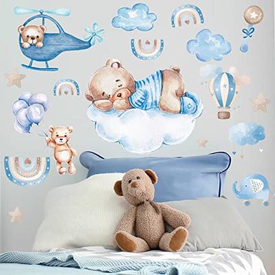 Whaline 4 Pcs Bear Wall Stickers Blue Bear Sweet Dream Wall Decals Rainbow  Moon Hot Air