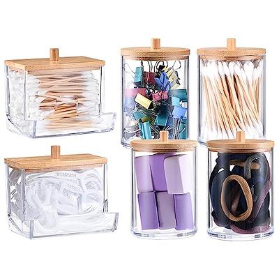 Clear Qtip Holder Storage Canister Organizer With Bamboo Lid