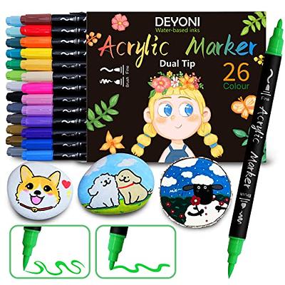 SUNEE 24 Colors Acrylic Paint Pens, Dual Tip Marker Pens with Medium Tip and Brush Tip, Paint Markers for Rock Painting, Wood, Canvas, Stone, Glass