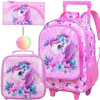 Meetbelify Girls Unicorn Rolling Backpack Wheel Backpacks for