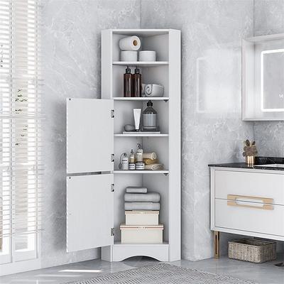 Spirich Home Freestanding Storage Cabinet with Three Tier Shelves, Tall Slim Cabinet, Free Standing Linen Tower, White