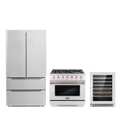 Cosmo 3 Piece Kitchen Appliance Packages with 36 Freestanding Gas Range  Kitchen Stove 36 Island Range Hood & 24 Built-in Fully Integrated