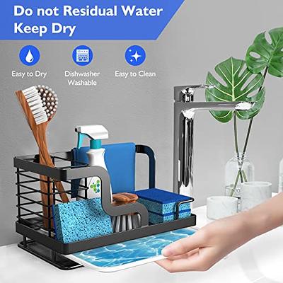 Kitchen Sink Caddy, Sink Sponge Holder, Dish Brush and Scrubber Organizer  for Kitchen Counter, Plastic Bottle Brush Holder with Drain Tray, White