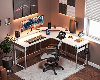 Gaming Desk with Led Lights and Power Strip L Shaped Desk Corner Computer  Desk with Monitor Stand, Carbon Fiber Surface Gaming Table with Desk  Accessories Cup Holder Headphone Hook, Black 