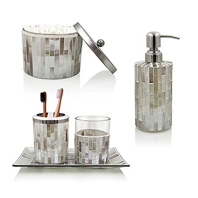 LushAccents Decorative Bathroom Accessories Set, 4-Piece, Soap Dispenser, Tray, Jar, Toothbrush Holder, Elegant Silver Mosaic Glass