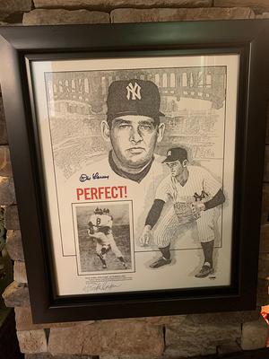 Framed Don Larsen New York Yankees Autographed 16 x 20 Perfect Game First  Pitch Photograph with Box Score Stats Inscriptions