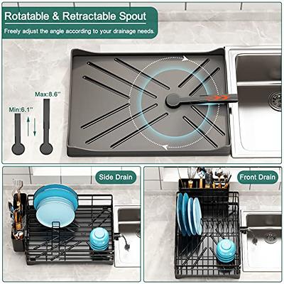 YIYI Guo Dish Drying Rack, Aluminum Rust Proof Dish Rack with Swivel Spout Drying Tray, Removable Cutlery Holder for Kitchen Counter, Black