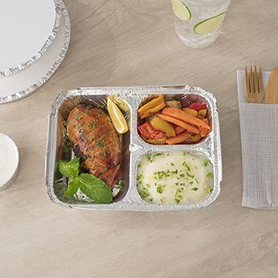 Restaurantware Foil Lux 23 Ounce Aluminum Food Containers, 100 Rectangle Aluminum Pans - Lids Sold Separately, 3 Compartments, Silver Aluminum Foil