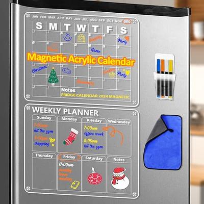 EOOUT 2 Set Magnetic Acrylic Calendar for Fridge, 16”x12 and 15”x11 Clear  Acrylic Calendar Planner Board for Refrigerator, 4 Colors Dry Erase