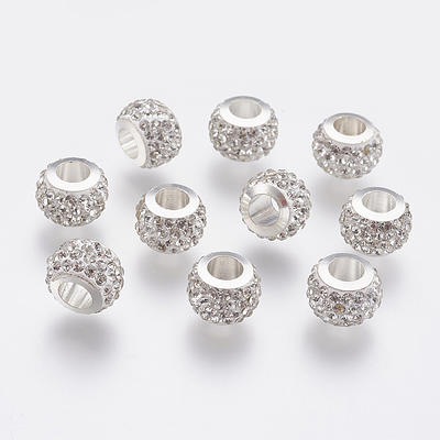 304 Stainless Steel European Beads, with Polymer Clay Rhinestone