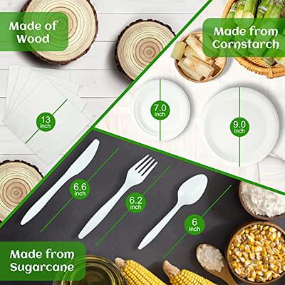 Heavy Duty Paper Plates Set for Dinner, Sugarcane Disposable Eco,9 Inch and  7 Inch Party Plates,Forks,Knives and Spoons Set for 50 People [250 PCS]