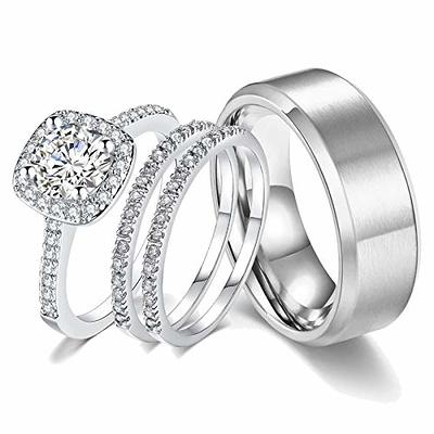 3-Piece Women's Rose Gold IP Stainless Steel Wedding Ring Set with Cubic  Zirconia, Size 10