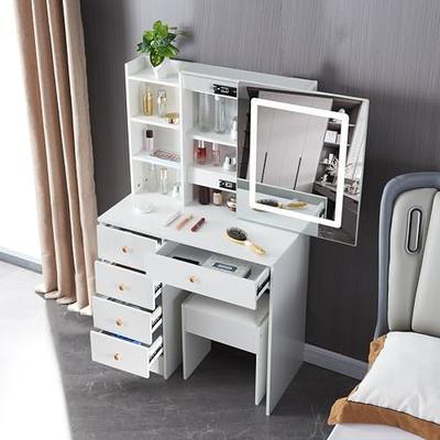 Large Vanity Desk with Mirror and Lights, Slidable Mirror 5