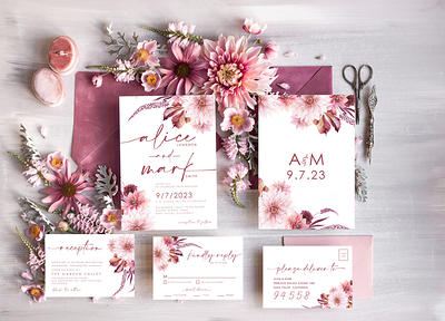 Burgundy Wedding Invitation Set,Wedding Invitation Cards,Floral