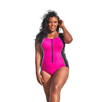 Plus Size Women's Zip-Front One-Piece with Tummy Control by Swim 365 in  Fuchsia White Black (Size 14) Swimsuit - Yahoo Shopping
