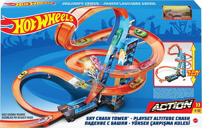 Hot Wheels Sky Crash Tower Motorized Track Set with Car, Stores 20