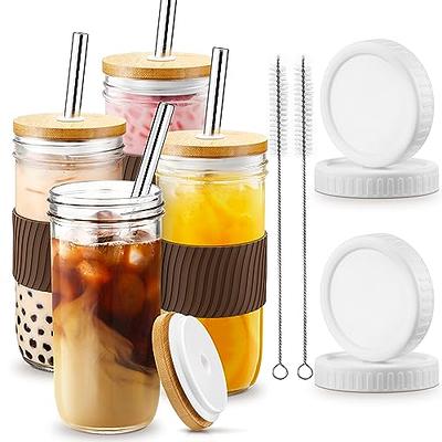  ALINK 4-Pack 16 oz Glass Cups with Bamboo Lids and Straws,  Mason Jar Glass Tumbler, Reusable Boba Cups, Iced Coffee Drinking Glasses  for Bubble Tea, Smoothies, Juice - 2 Cleaning Brush 