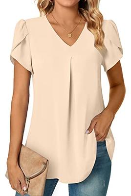 Anyally Womens Summer Dressy Chiffon Blouses V Neck Petal Short Sleeve Tunic  Tops for Leggings Casual T-Shirts, L Khaki - Yahoo Shopping