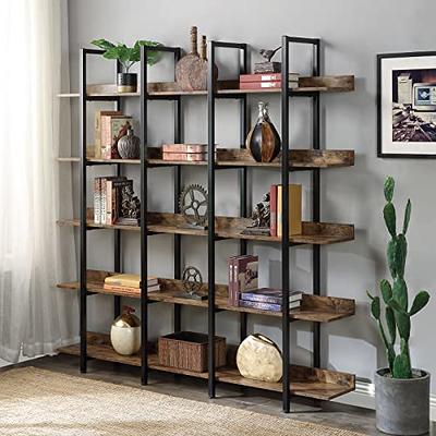 Seventable Bookshelf 6 Tier with 4 Hooks, 69” Industrial Wooden Bookcase,  Vintage Storage Rack with Open Shelves, Rustic Standing Bookshelves Metal