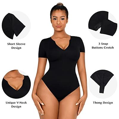 Thong Bodysuit for Women Tummy Control Round Neck Ribbed Knit