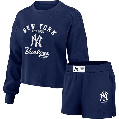 Women's Wear by Erin Andrews Navy New York Yankees Waffle Knit Long Sleeve T-Shirt & Shorts Lounge Set Size: Extra Small