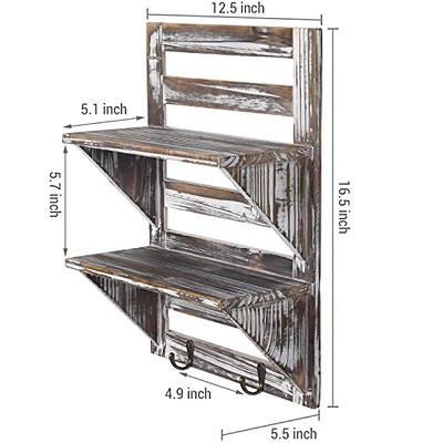 2 Tier Wall Mounted Torched Wood Bathroom Shelf Organizer with Hanging  Towel Bar