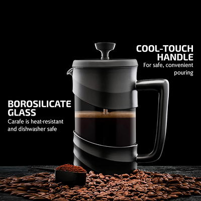 Ovente French Press Coffee Tea & Expresso Maker Heat Resistant Borosilicate  Glass Portable 4 Filter Stainless Steel System Pitcher for Camping Home  Office Dorm Bonus Scoop BPA Free