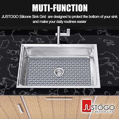 JUSTOGO Silicone Sink Mat, Grey Kitchen Sink Protector Grid Accessory with  Center Drain,1 PCS Non-slip Folding Sink Grates for Bottom o