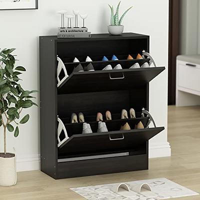 Sweiko 3 Flip Drawer Shoe Cabinet Natural Rattan Shoe Cabinet Organizer  Freestanding Wooden Shoe Rack Storage Cabinet with Metal Legs for Entryway