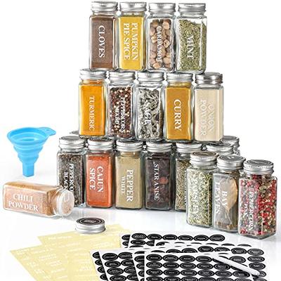 Skiileor 25 Pcs Spice Jars with Label- Glass Spice Jars with Black Metal  Caps,Shaker Lids, Funnel, Chalk Pen, Brush,Cleaning Cloth 4oz Seasoning