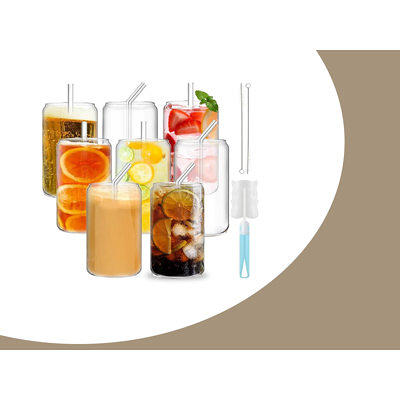 8pcs Set ] Drinking Glasses with Bamboo Lids and Glass Straw