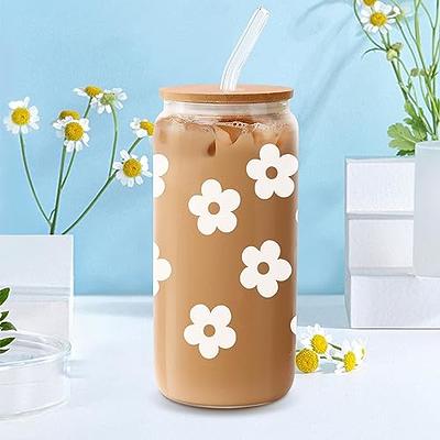 Flower Glass Cups, Floral Iced Coffee Cup, Glass Cups With Lid and