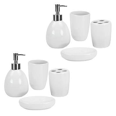 Dracelo 4-Piece Bathroom Accessory Set with Toothbrush Holder, Vanity Tray, Soap Dispenser, Qtip Holder in. White