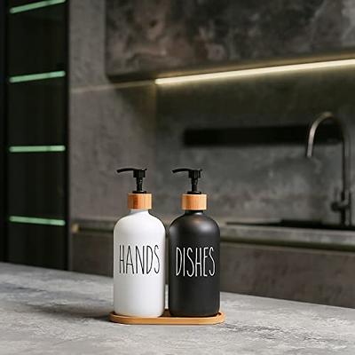 Dish Soap Dispenser and Hand Soap Dispenser with Bamboo Pump and Tray 16 Oz  Matte White Soap Dispenser Set for Kitchen Sink