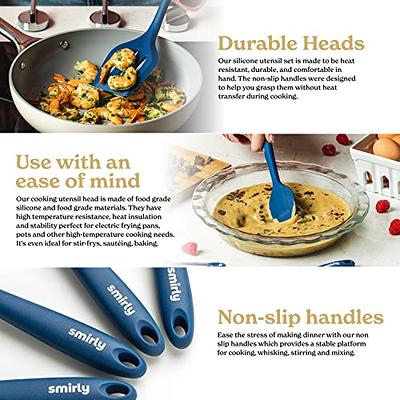 Smirly Kitchen Utensil Set & Holder - Essentials for New Home & 1st Apartment - Silicone Spatula & Cooking Spoon Set for Nonstick Cookware