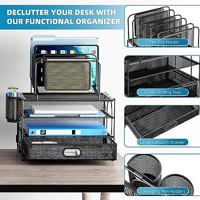 Marbrasse 3 Tier Mesh Desk Organizer with Drawer, Multi-Functional Desk  Organizers and Accessories, Paper Letter Organizer with 2 Pen Holder for  Home