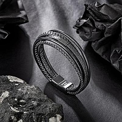 Braided Leather Wrap Bracelet - Black Brown Genuine Woven Leather Bracelet  with Stainless Steel Magnetic Clasp for Men's Wristband Cuff - Mens Cross