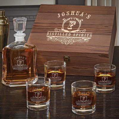 Engraved Rustic Wooden Gift Boxed Decanter, Scotch Glasses and Whiskey  Stone Set