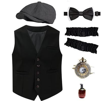 1920s Mens Costume Accessories Set, Gatsby Gangster Vest Foldable Crutches  Vintage Pocket Watch Fedora Hat Pre Tied Bow Tie and Tie Gatsby Mafia  Gangster Costume 20s Party Halloween Outfits (Black M) 