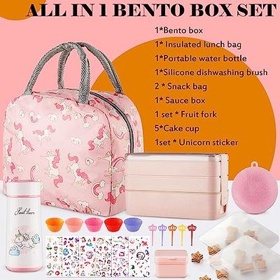 Dandat Unicorn Lunch Box Set, Pink Bento lunch box, Insulated Lunch Bag,  Unicorn Water Bottle, Stickers