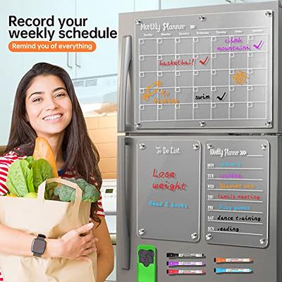 BSSOYAMM Magnetic Acrylic Calendar for Fridge, 16x12 2 Set Acrylic Calendar Planner Board for Refrigerator, Clear Dry Erase Calendar Board