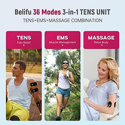 Belifu 4 Independent Channel TENS EMS Unit, 24 Modes,30 Level Intensity  Muscle Stimulator Machine, Rechargeable Electric Pulse Massager with 10  Pads&5 Set Leads Wires, for Pain Relief Therapy (Silver) - Yahoo Shopping