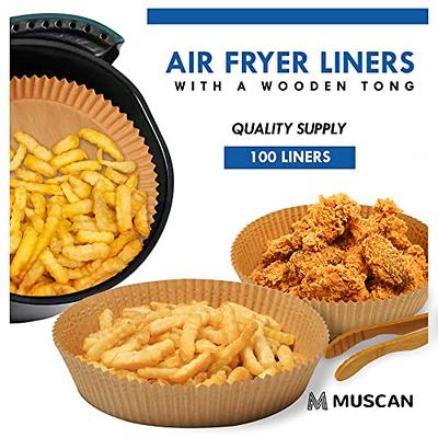 MUSCAN Air Fryer Liners 100 Pcs 8 Inches Round with Wooden Tong