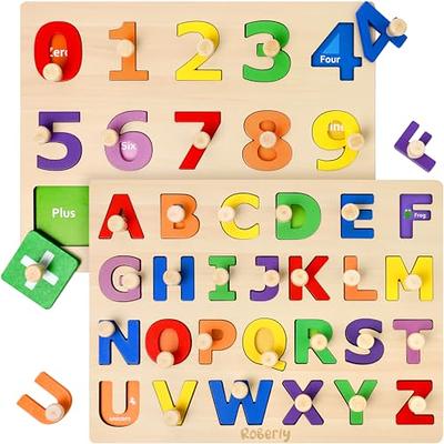 GRINNNIE Wooden Peg Puzzle for Toddlers 2 3 4 Years Old, 4 PCS Montessori  Educational Learning Puzzles Set-Numbers, Letters, Animals and Fruits,  Great