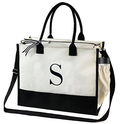 Personalized Initial Canvas Tote Bag with Zipper Pocket - 13oz