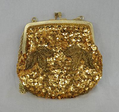 La Regale Black Beaded Clutch Purse, Evening Handbag, Gold Sequin Clasp