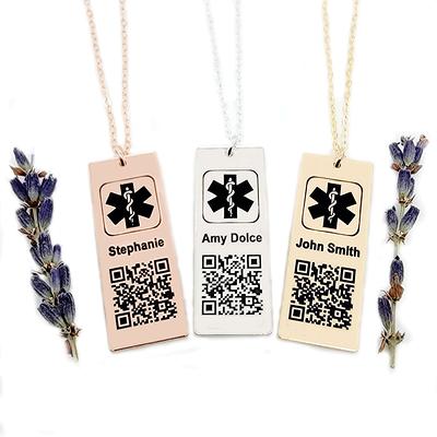 Medical ID bottle opener tag necklace with QR code. Alerts emergency  contacts phone. Provides your vital ID to emergency services, paramedics  and first responders